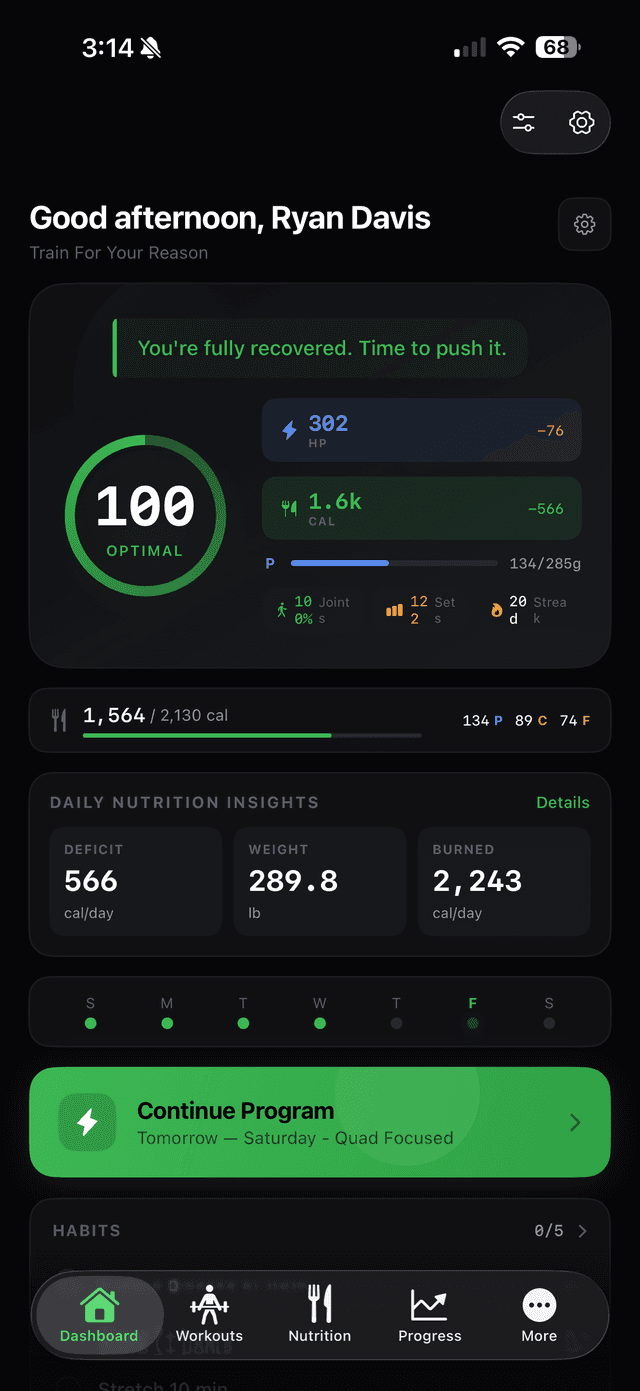 Dashboard with HP, calories, macros, and active program