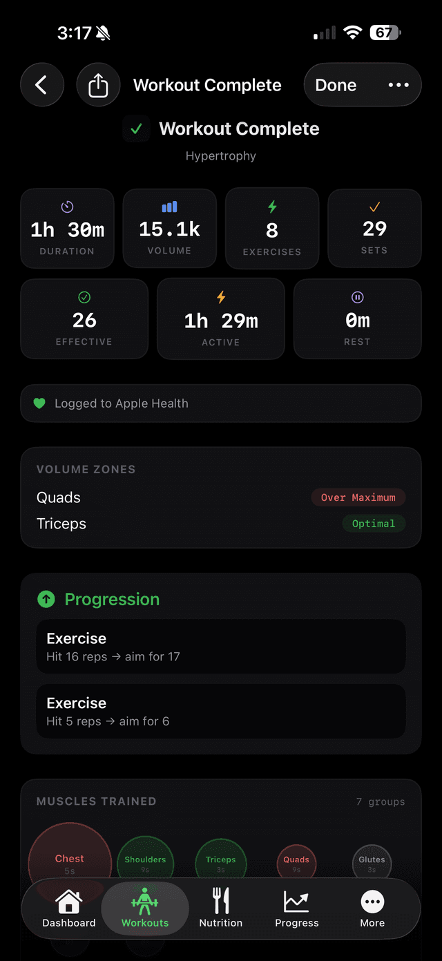 Workout Complete summary with duration, volume, and progression