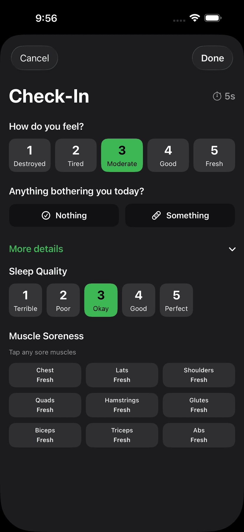 Pre-workout check-in: how you feel, sleep quality and sore muscles