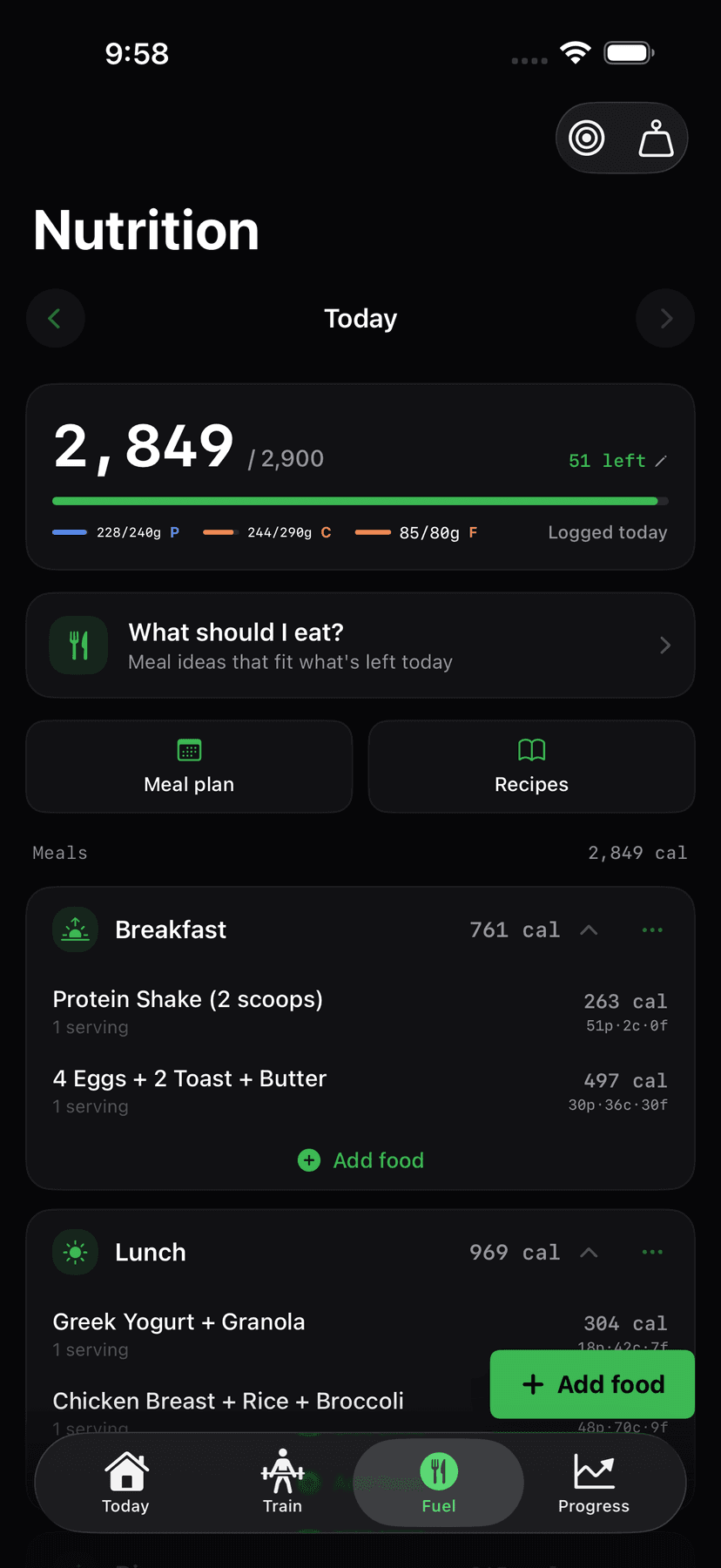Fuel screen: calories and macros left for the day, meal ideas that fit, and each meal's foods
