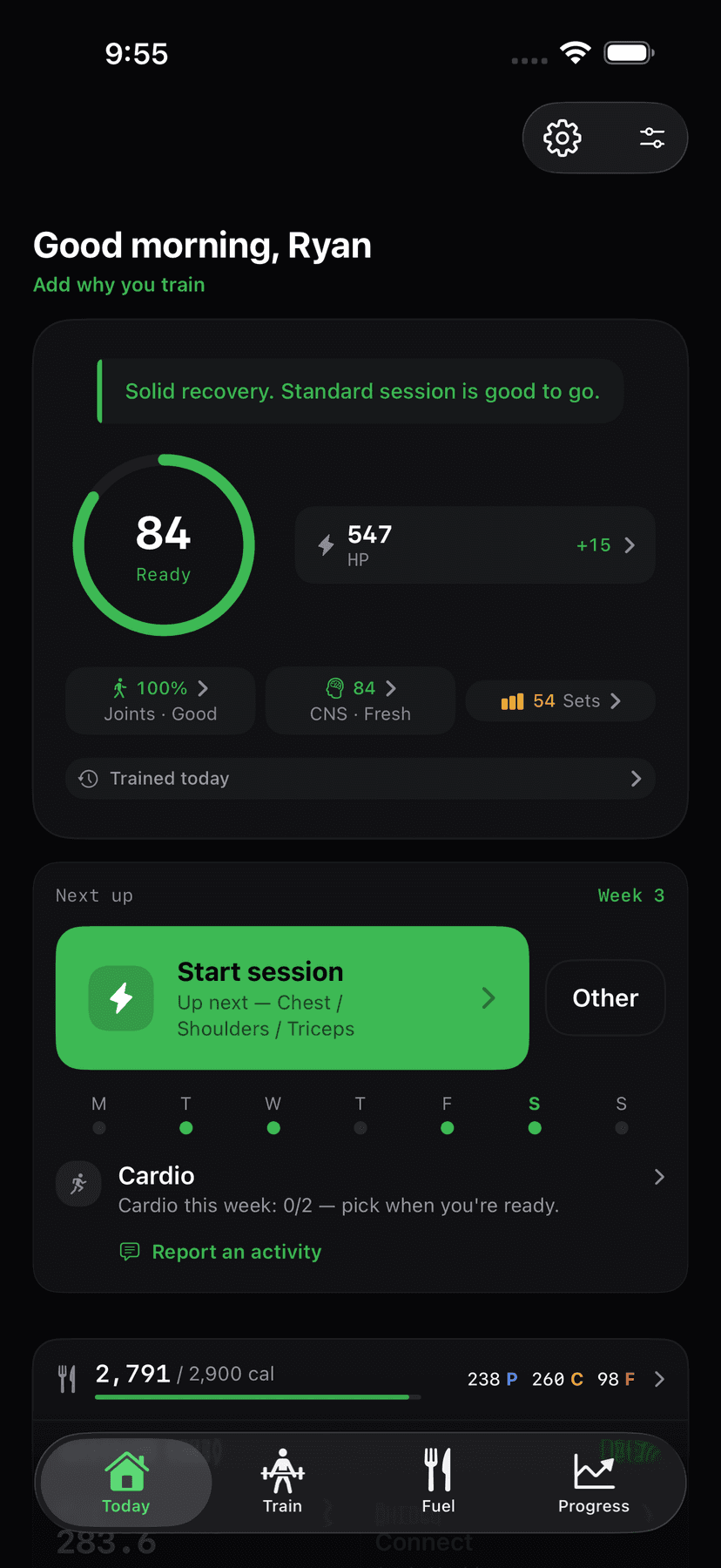 Today screen: the readiness ring, HP, the next session to start, and calories left